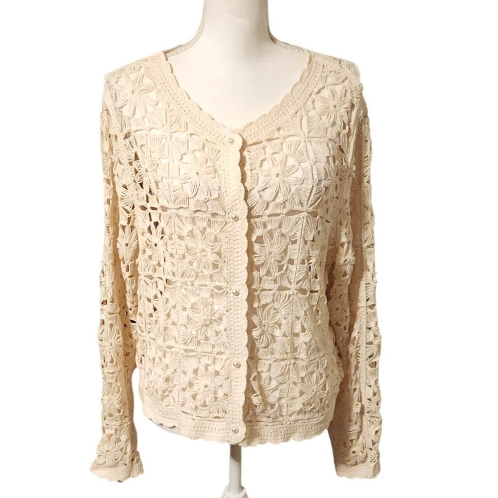 Ultra Pink Cardigan Open Floral Crochet Button Front Cream Womens Size L Cottage